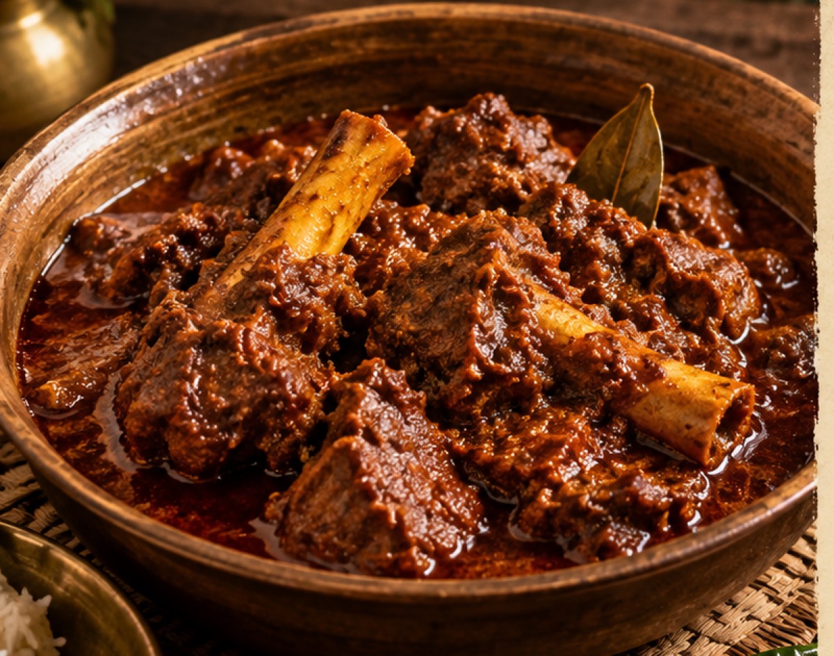 Goat curry with marrow bones in a dark, clinging gravy, served in a brass bowl